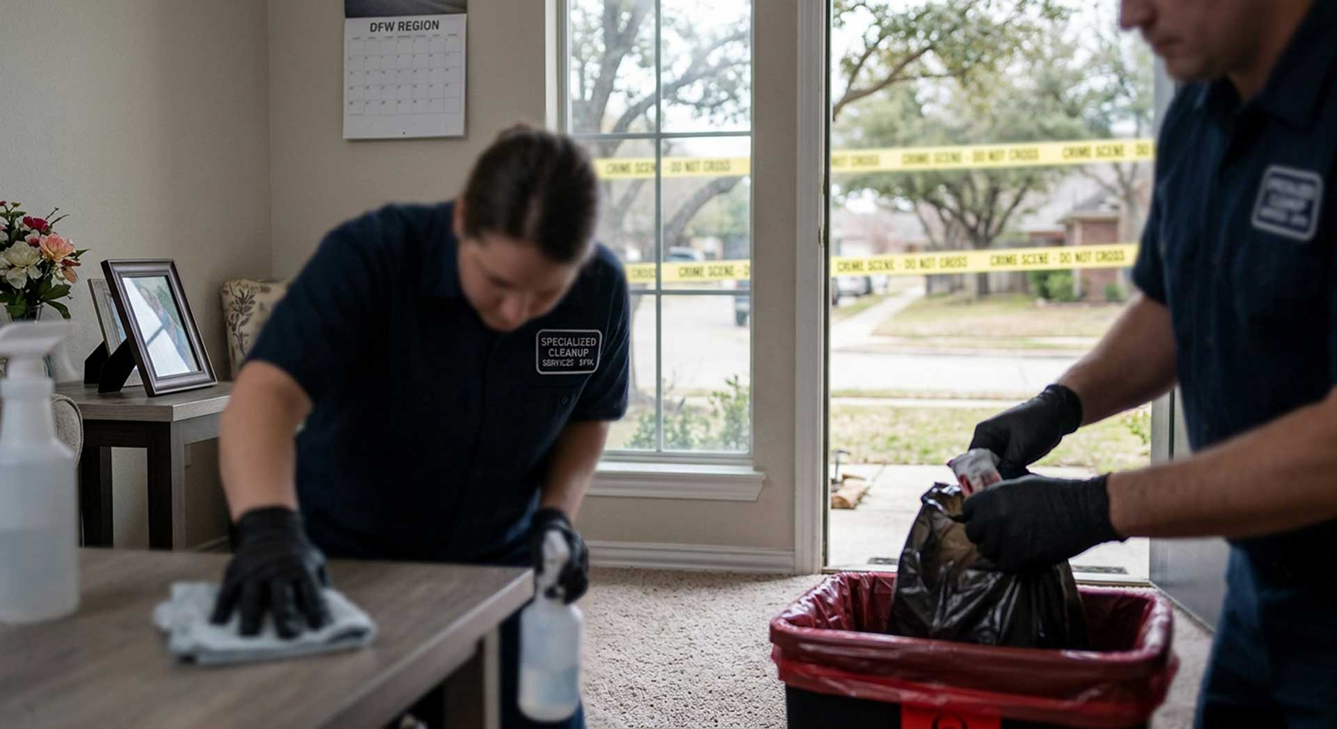 Crime scene cleanup technicians responding to a biohazard call in Fort Worth