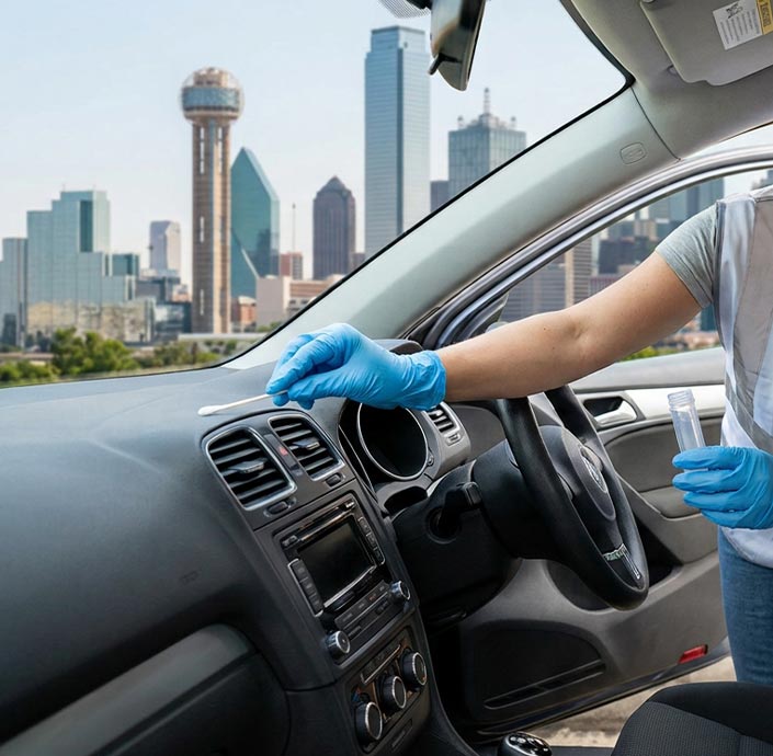 Technician swabbing a vehicle interior for meth residue testing near the Dallas skyline