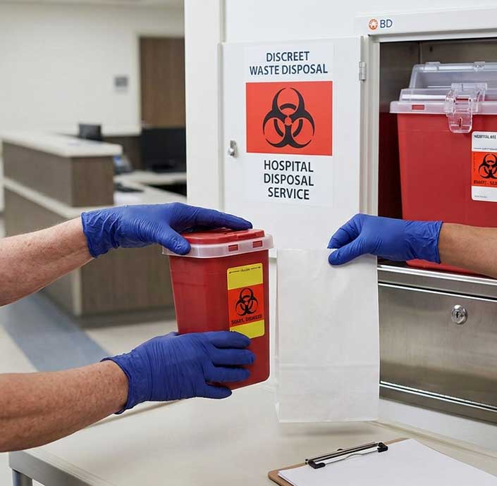 Medical waste cleanup service tile featuring biohazard bins in a Dallas facility