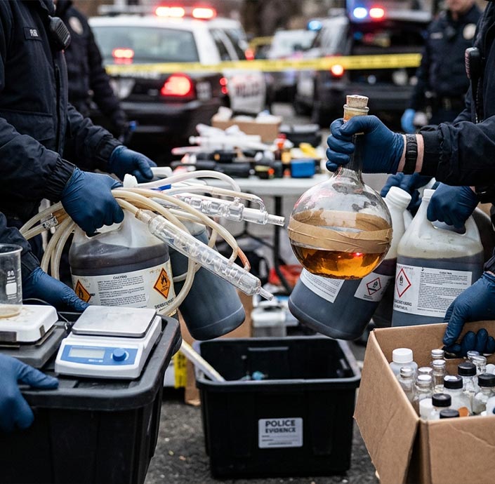 Police evidence and lab equipment collected for meth residue testing in Irving