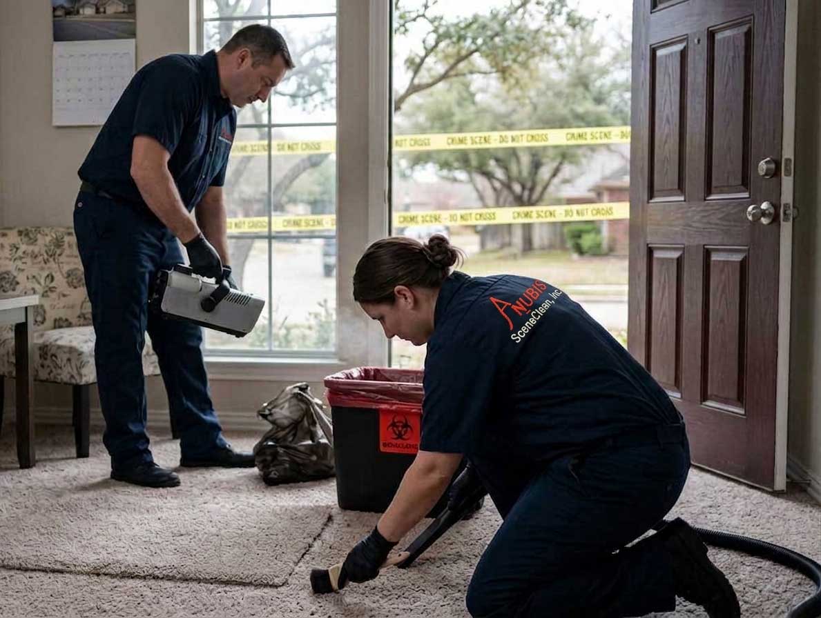 Crime scene cleanup technicians removing biohazard materials from a Plano residence